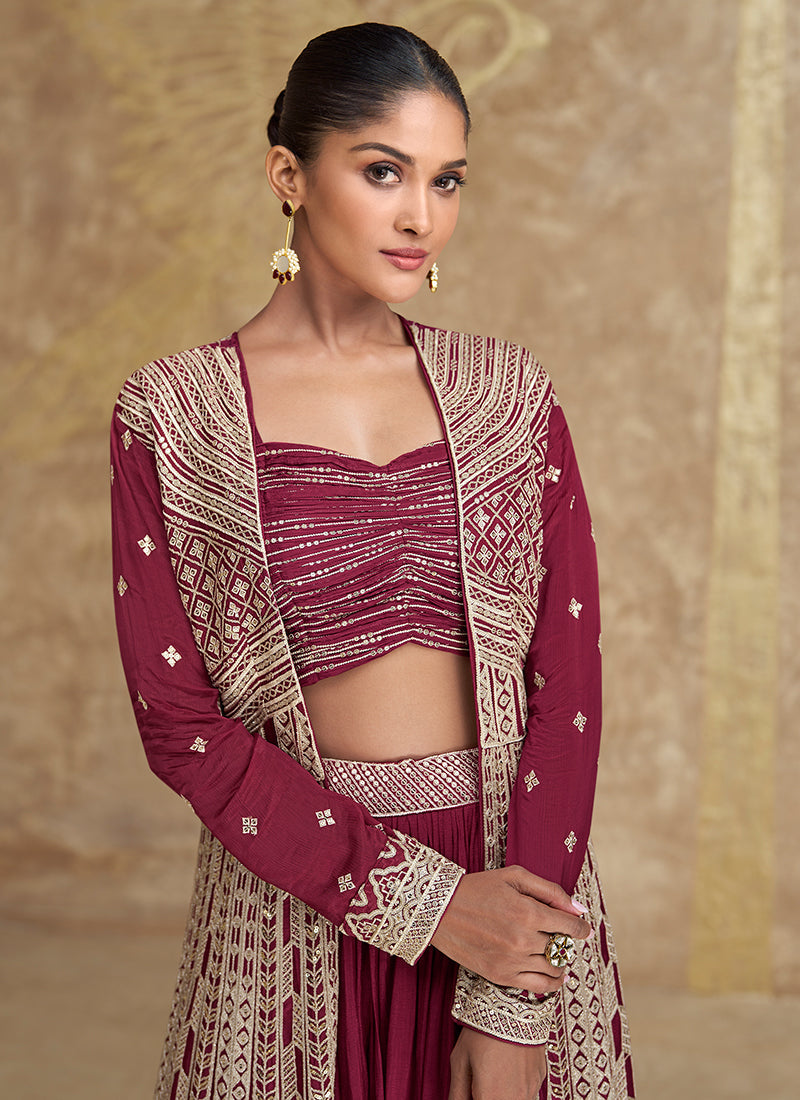 Cherry Red Embroidery Festive Jacket Style Lehenga