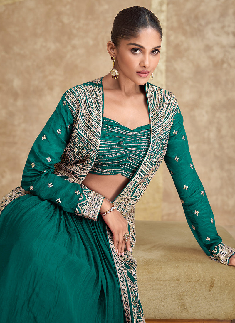 Teal Green Embroidery Festive Jacket Style Lehenga