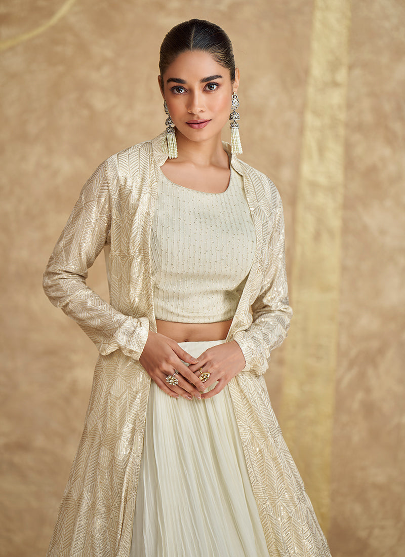 Pearl White Embroidered Jacket Style Lehenga Choli