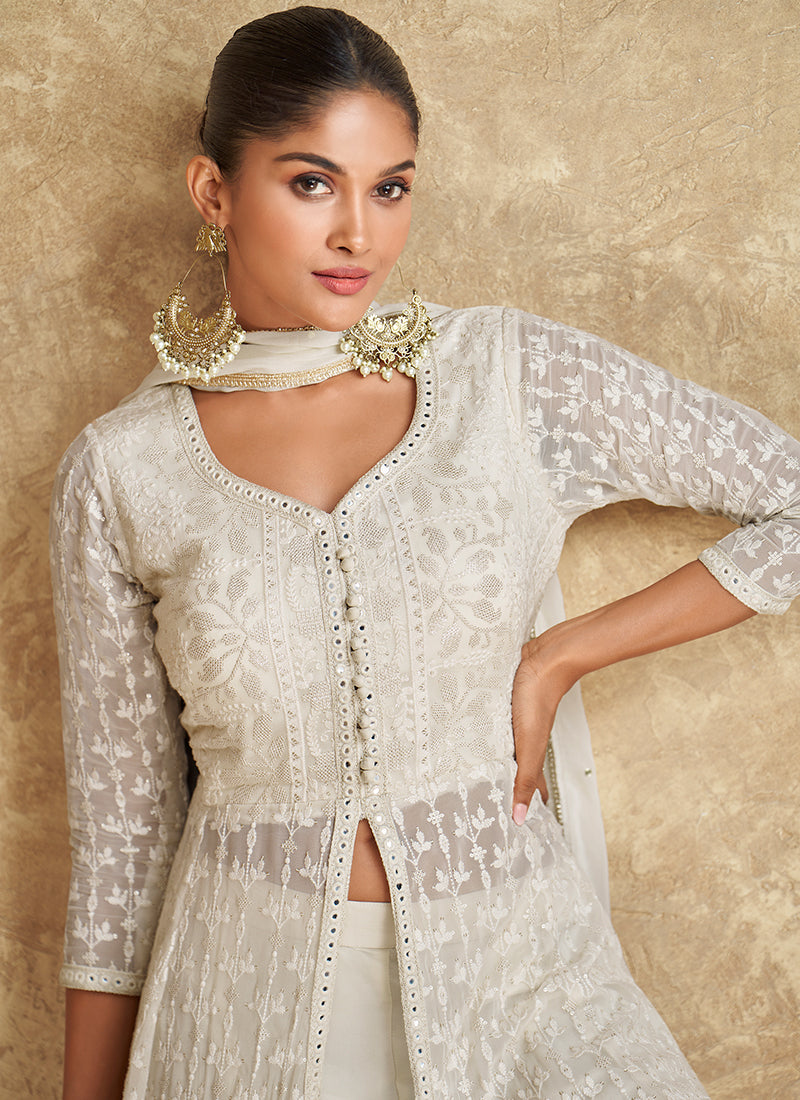 Ivory White Traditional Embroidered Slit Style Palazzo Suit