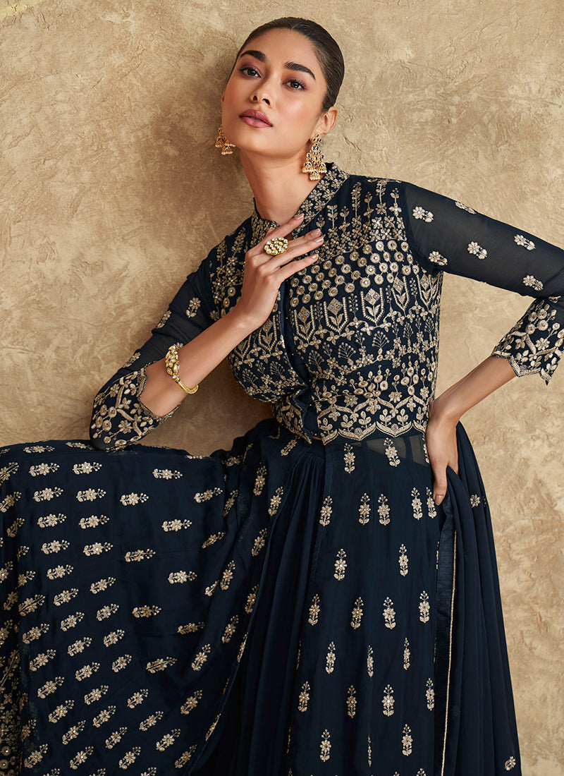 Navy Blue Traditional Embroidered Slit Style Palazzo Suit