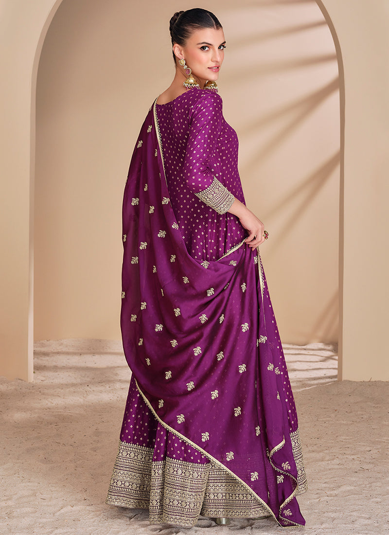 Plum Purple Embroidery Silk Anarkali Suit