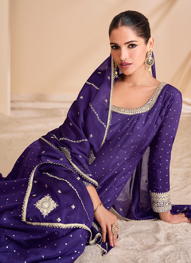 Indigo Blue Embroidery Silk Anarkali Suit