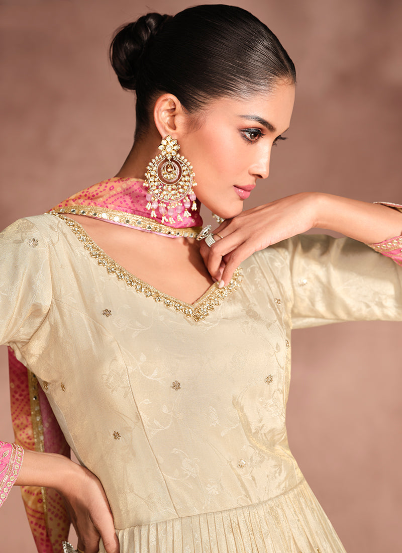 Beige And Pink Traditional Embroidery Anarkali Suit