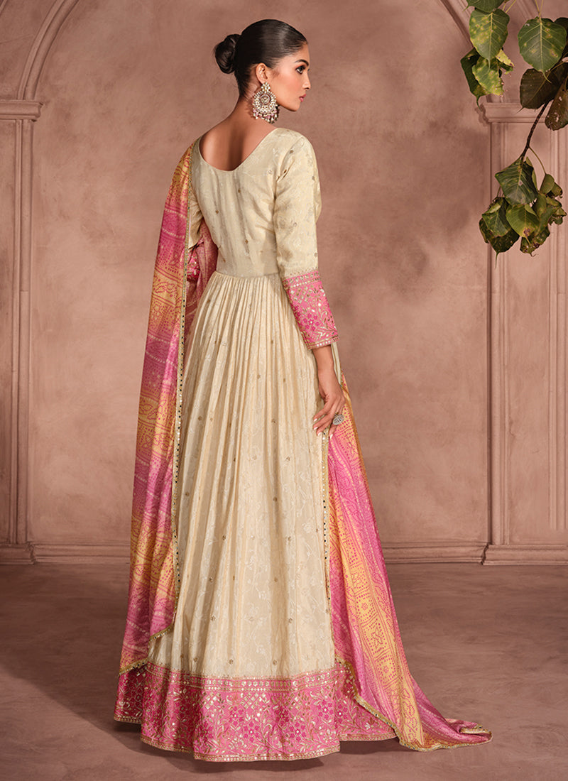 Beige And Pink Traditional Embroidery Anarkali Suit