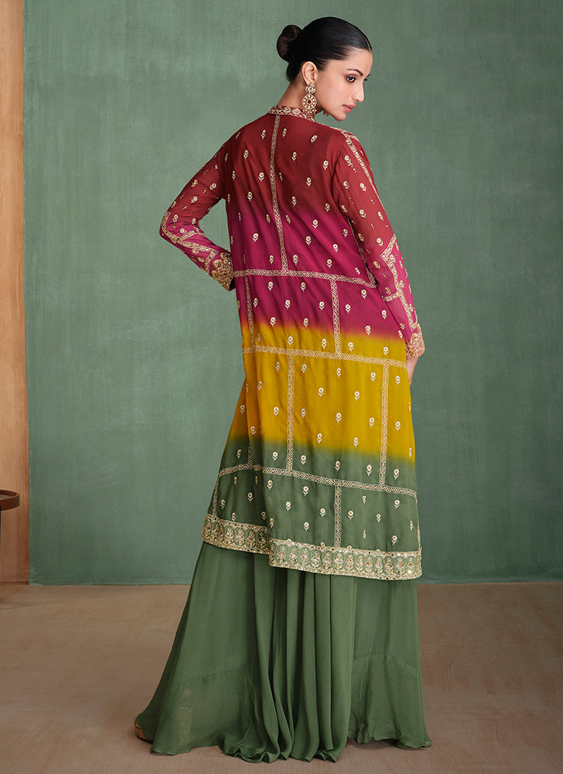 Purple And Olive Ombre Embroidered Jacket Style Sharara Suit