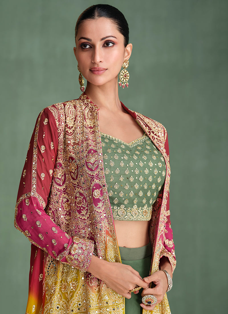 Pink And Green Ombre Embroidered Jacket Style Sharara Suit