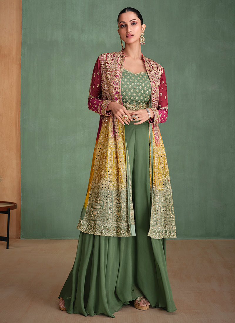 Pink And Green Ombre Embroidered Jacket Style Sharara Suit