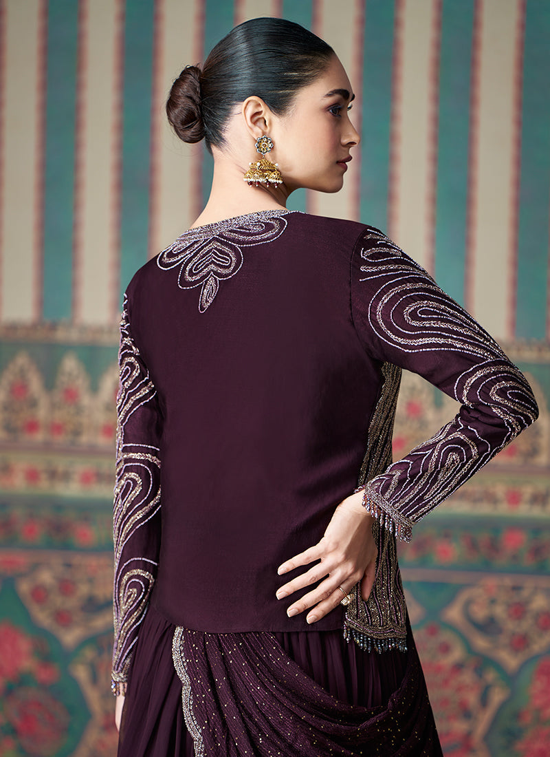 Deep Burgundy Embroidered Saree Gown with Jacket