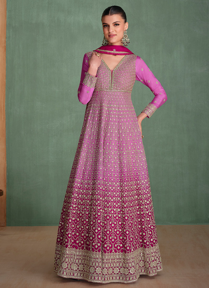 Purple Ombré Traditional Embroidery Festive Anarkali Dress