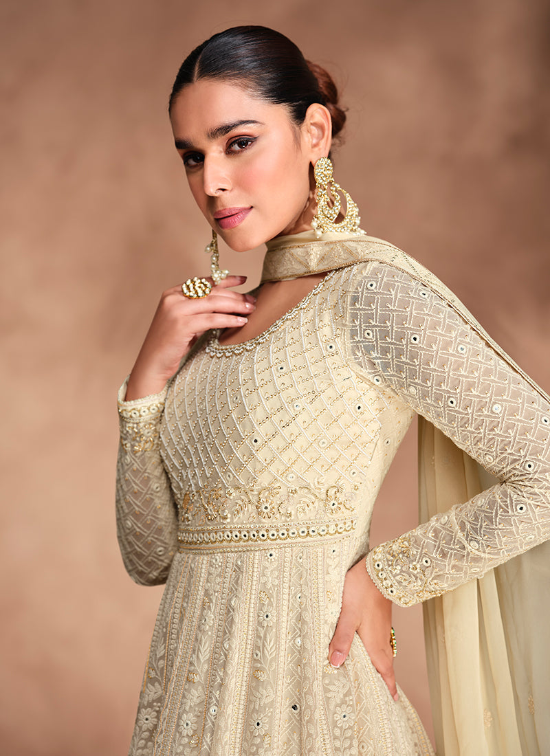 Cream White Chikankari Embroidery Festive Anarkali Dress