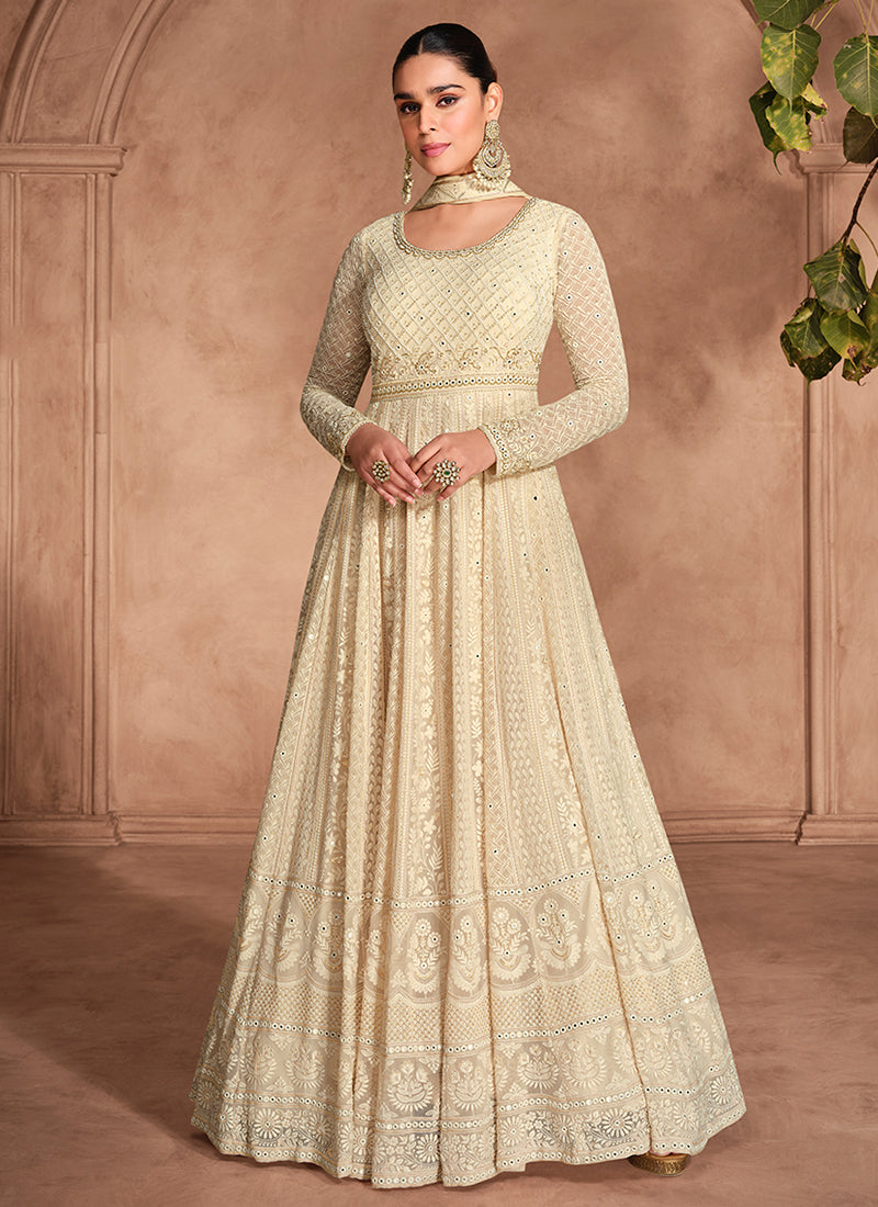 Cream White Chikankari Embroidery Festive Anarkali Dress