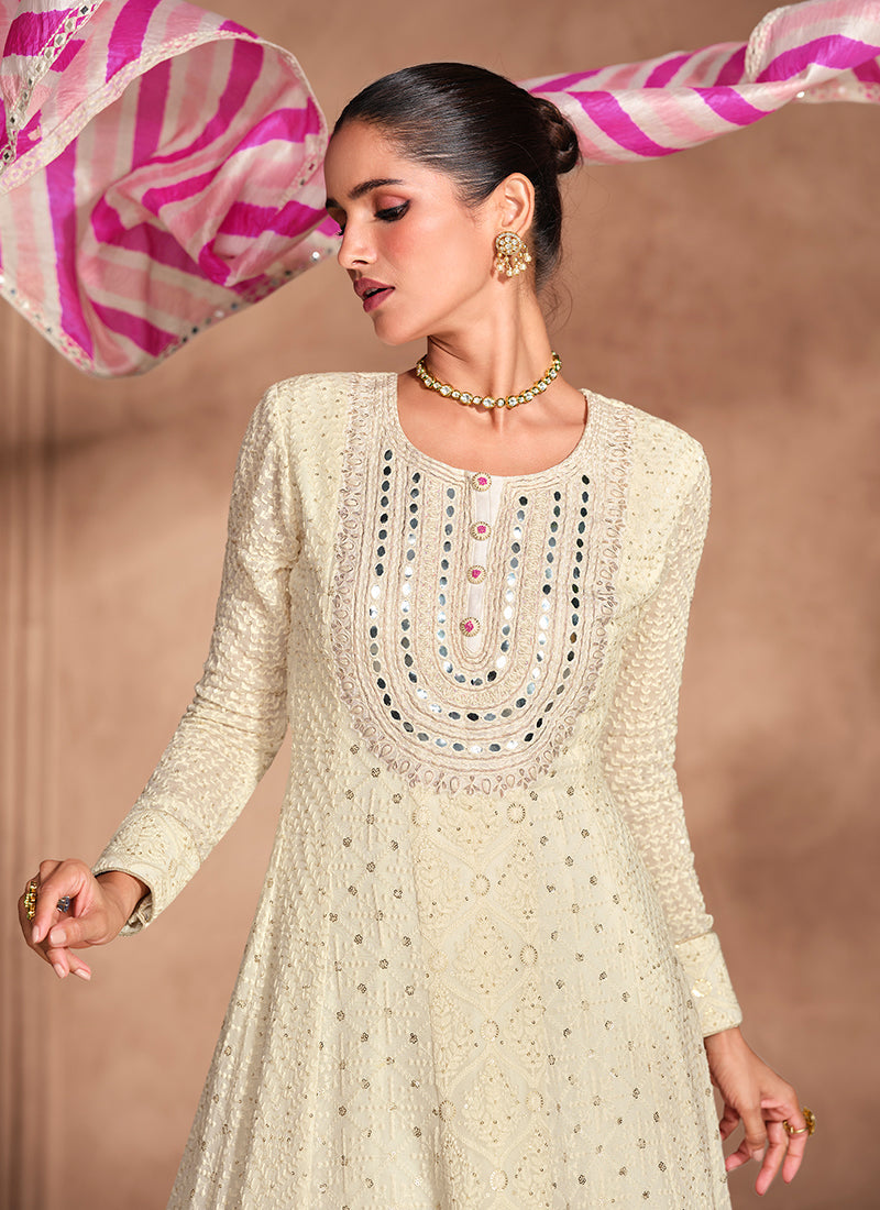 Off White Chikankari Embroidery Festive Anarkali Dress