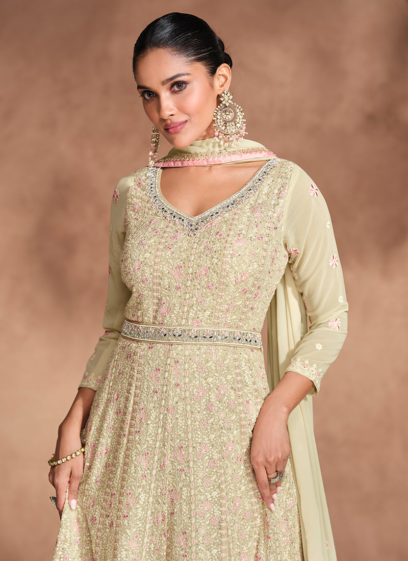 Beige Chikankari Embroidery Festive Anarkali Dress