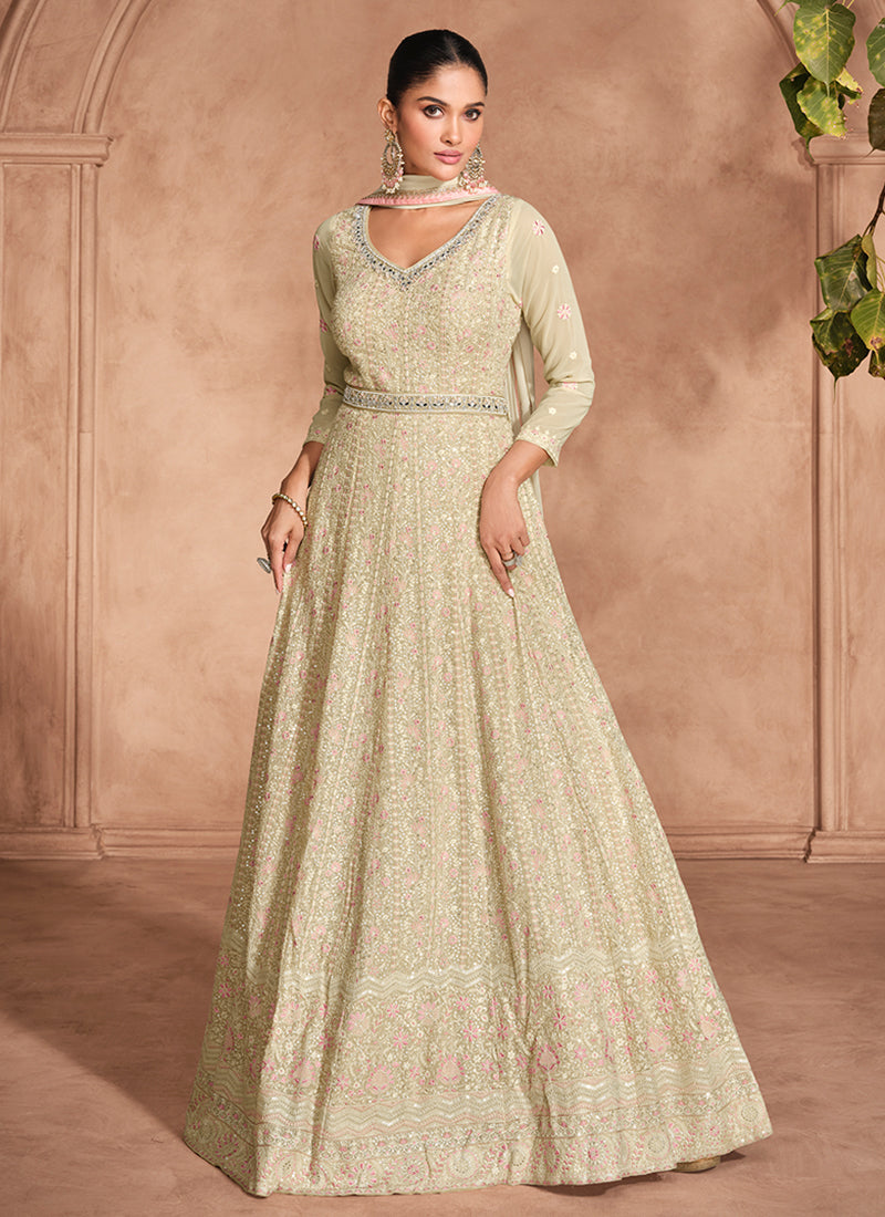 Beige Chikankari Embroidery Festive Anarkali Dress