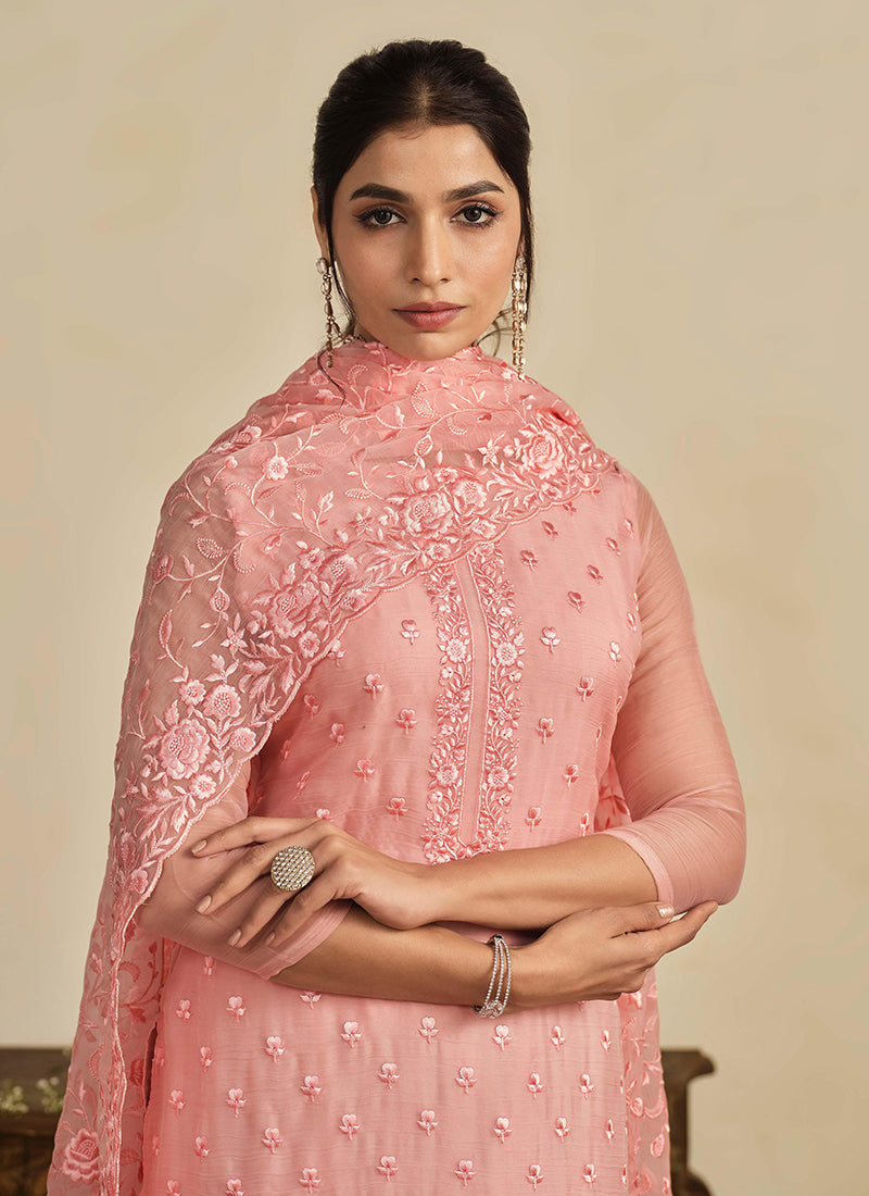 Peach Thread Work Embroidery Pakistani Pant Suit