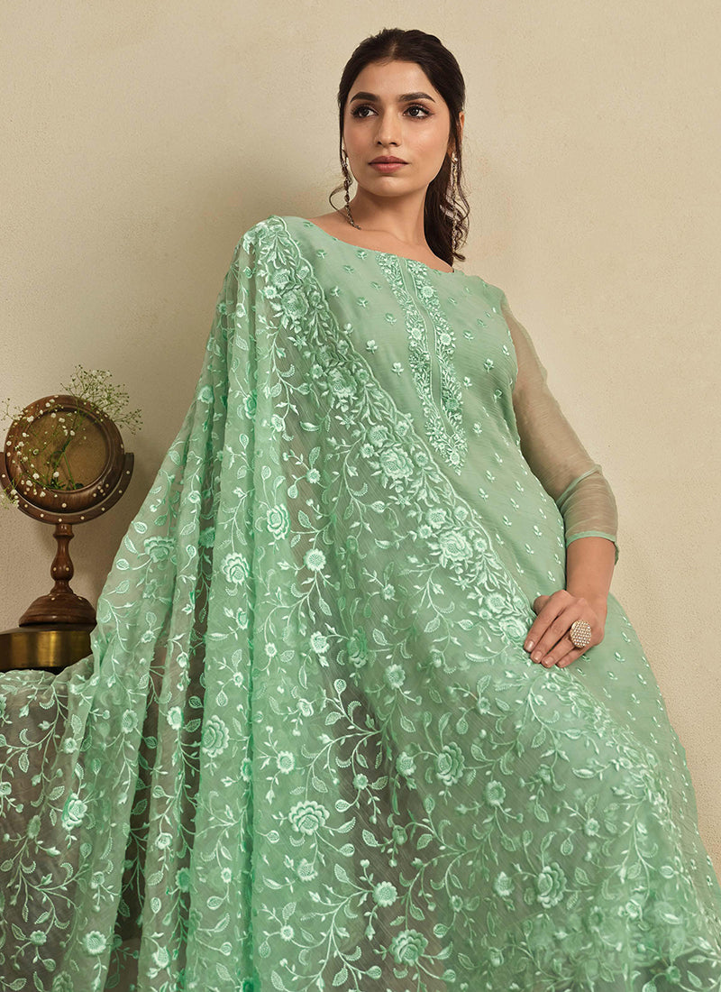 Green Thread Work Embroidery Pakistani Pant Suit