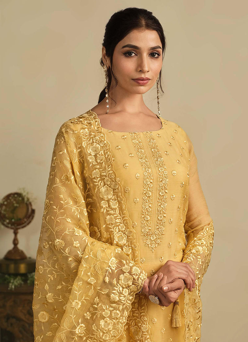 Yellow Thread Work Embroidery Pakistani Pant Suit