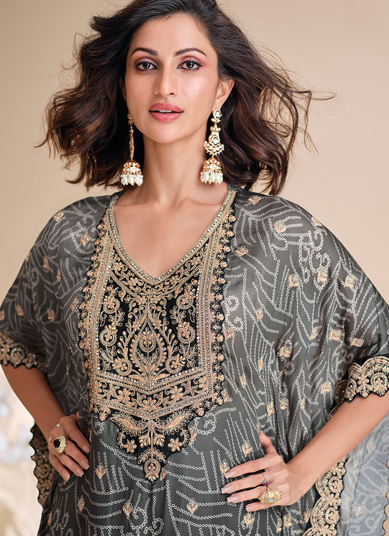 Grey Black Multi-Embroidery Poncho Style Pant Suit