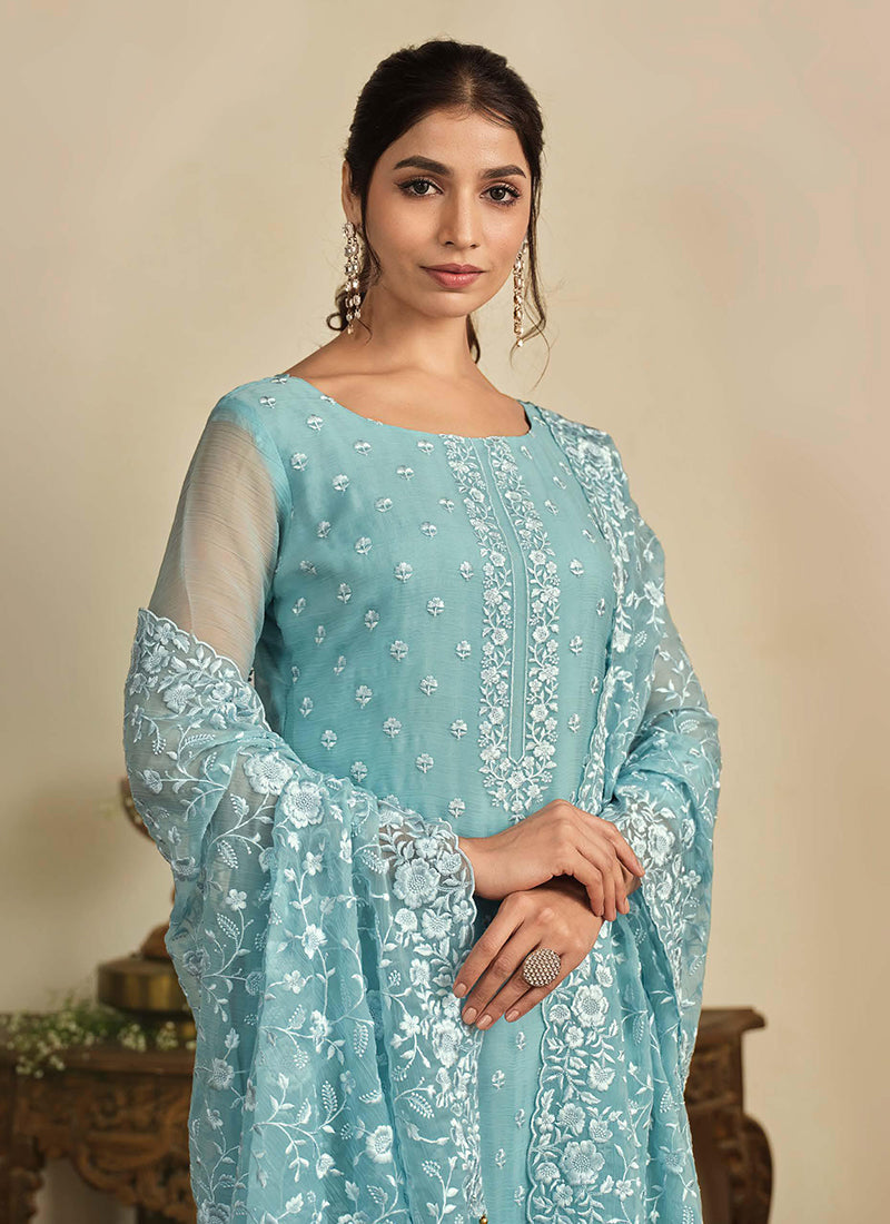 Sky Blue Thread Work Embroidery Pakistani Pant Suit