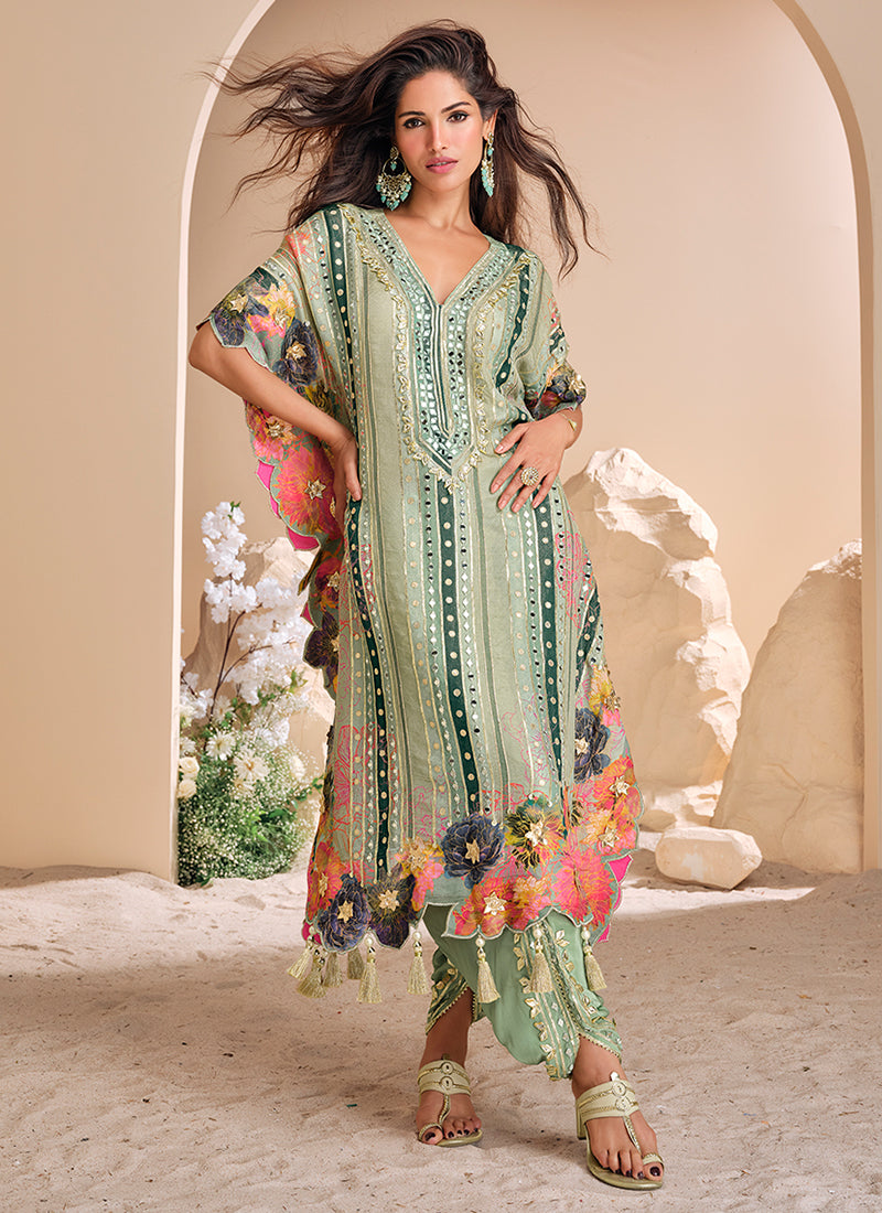 Sea Green Multi-Embroidery Poncho Style Pant Suit