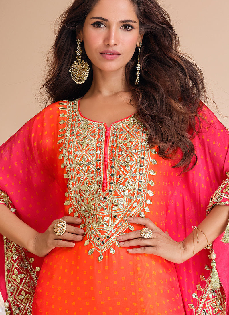 Pink Orange Multi-Embroidery Poncho Style Pant Suit