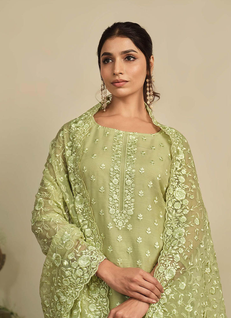 Lime Green Thread Work Embroidery Pakistani Pant Suit