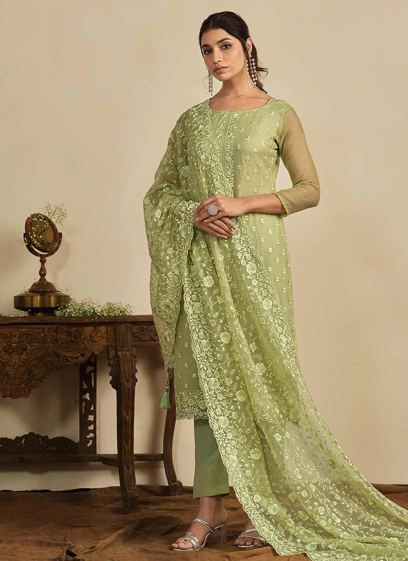 Lime Green Thread Work Embroidery Pakistani Pant Suit