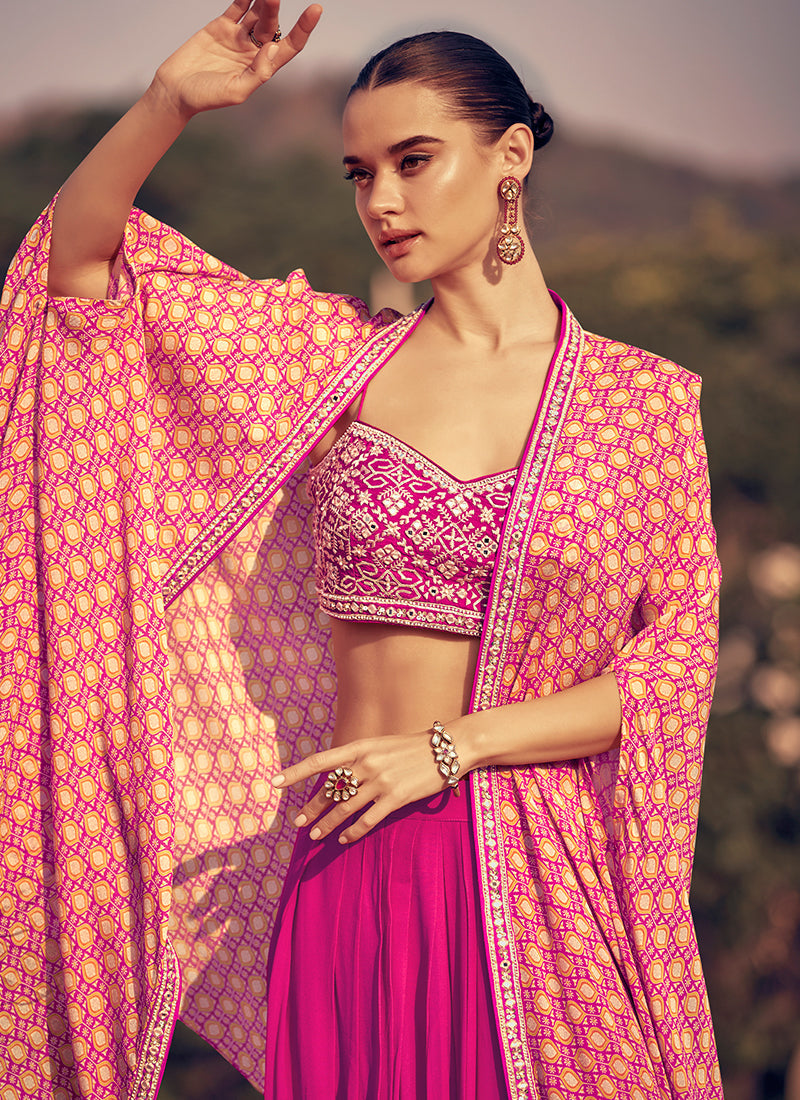 Magenta Pink Handwork Embroidery Cape Style Palazzo Set