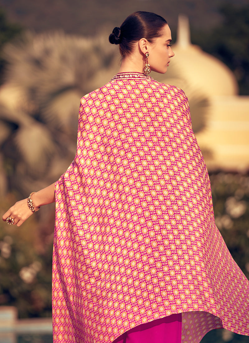 Magenta Pink Handwork Embroidery Cape Style Palazzo Set