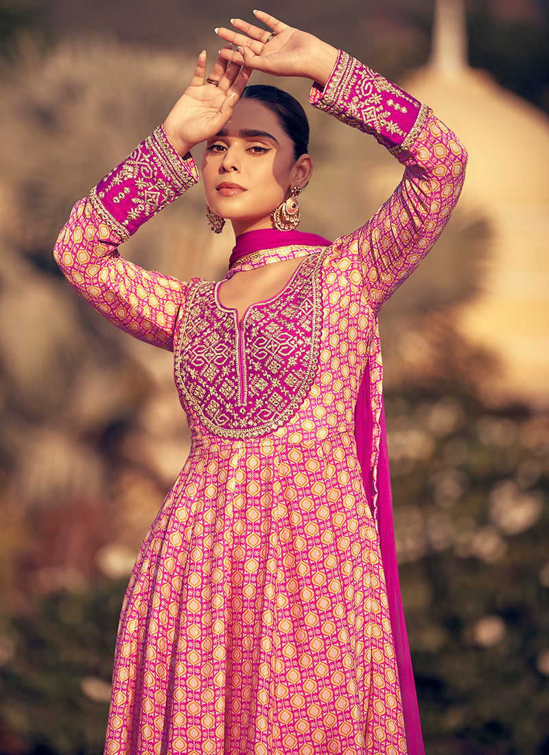 Magenta Multi Embroidered Anarkali Pant Style Suit