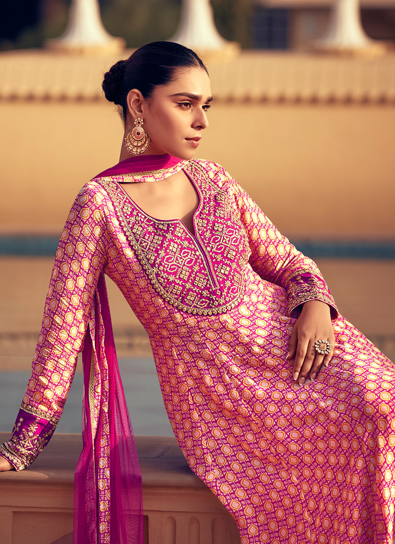 Magenta Multi Embroidered Anarkali Pant Style Suit