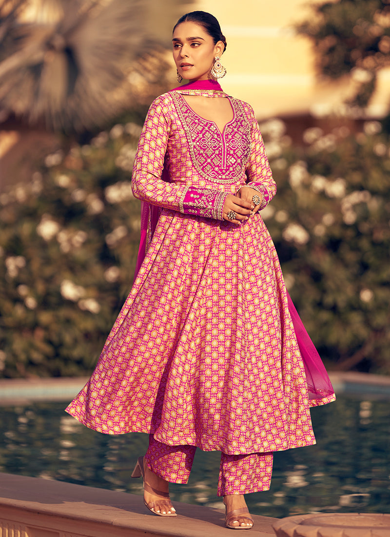 Magenta Multi Embroidered Anarkali Pant Style Suit