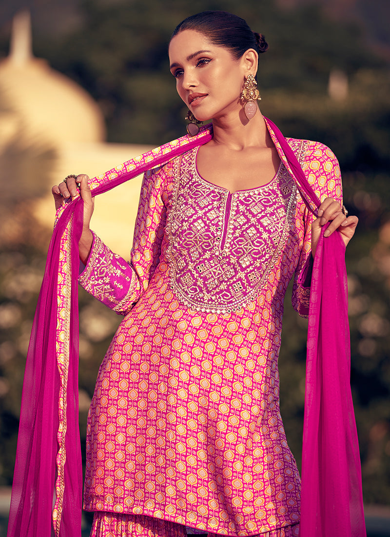 Rani Pink Embroidery Party Wear Gharara Suit