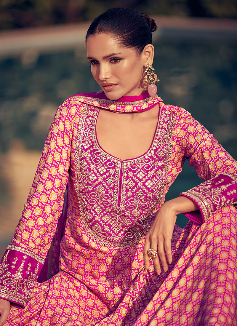 Rani Pink Embroidery Party Wear Gharara Suit