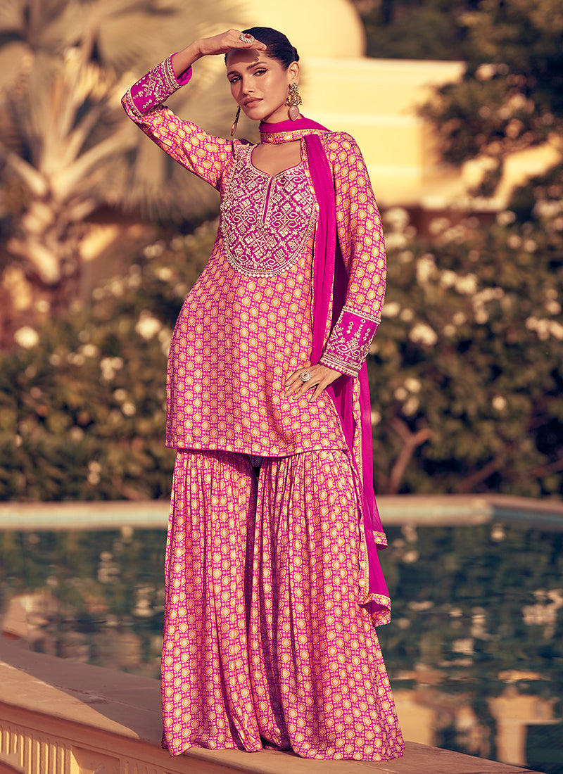 Rani Pink Embroidery Party Wear Gharara Suit