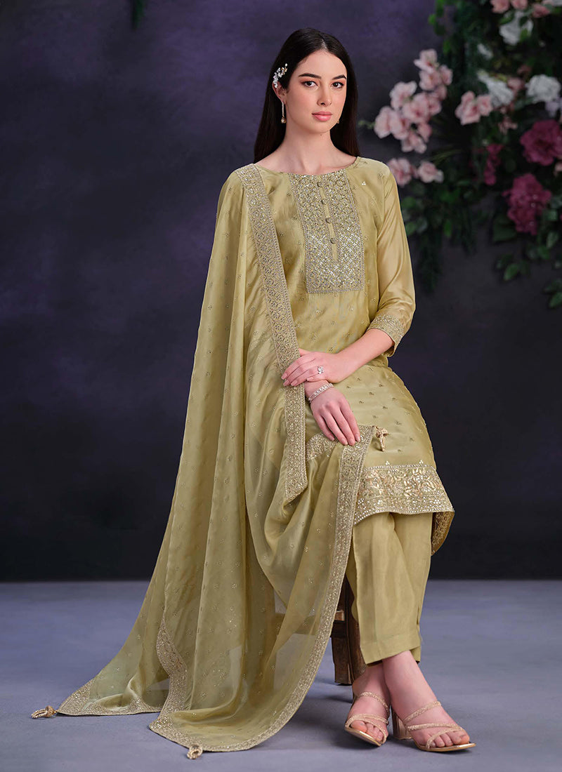 Yellow Designer Embroidery Pakistani Pant Suit