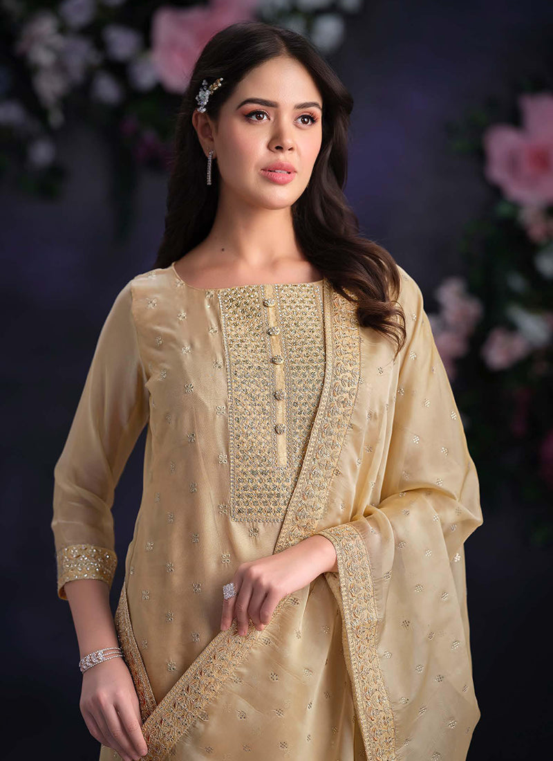 Beige Designer Embroidery Pakistani Pant Suit