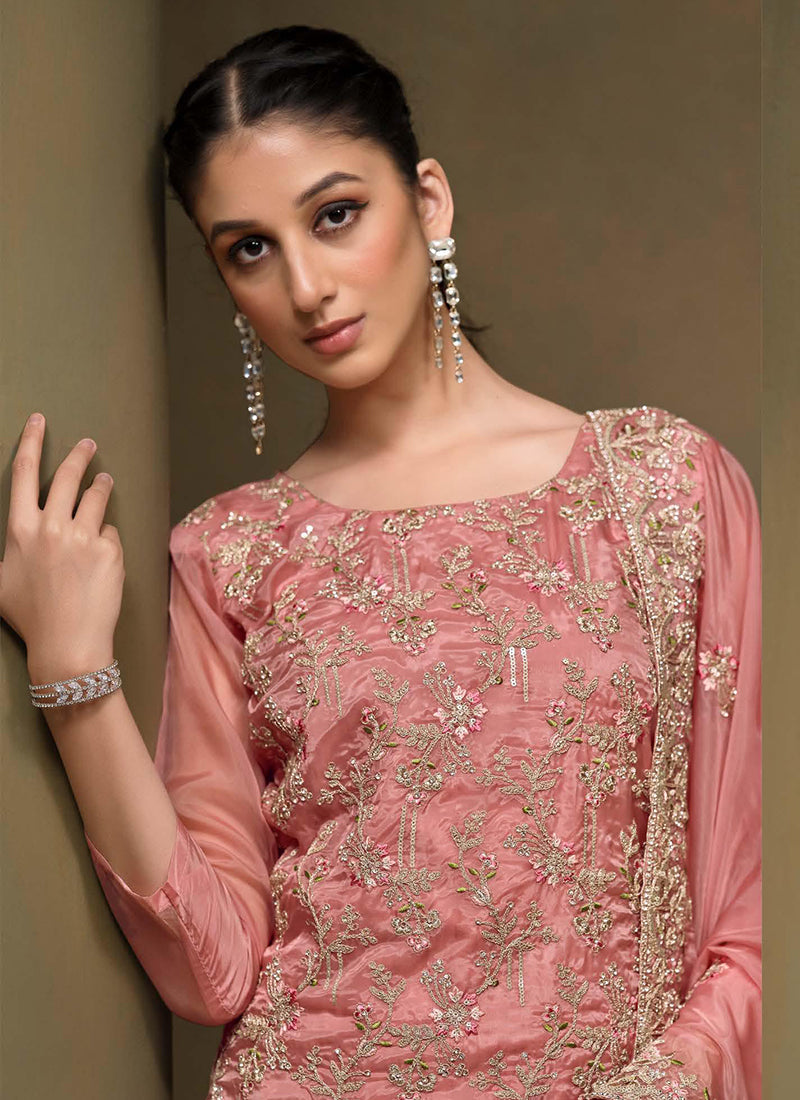 Coral Pink Multi Embroidered Pakistani Pant Style Suit