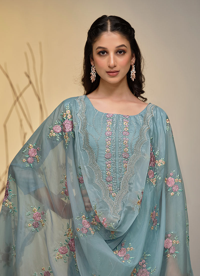 Sky Blue Multi Embroidery Pakistani Salwar Kameez Suit