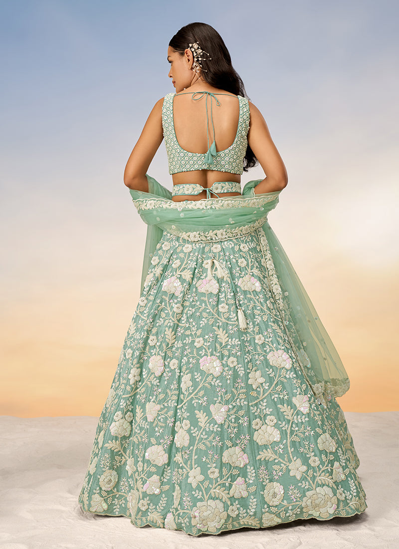 Sage Green Sequence Embroidery Bridal Lehenga Choli For Indian Wedding