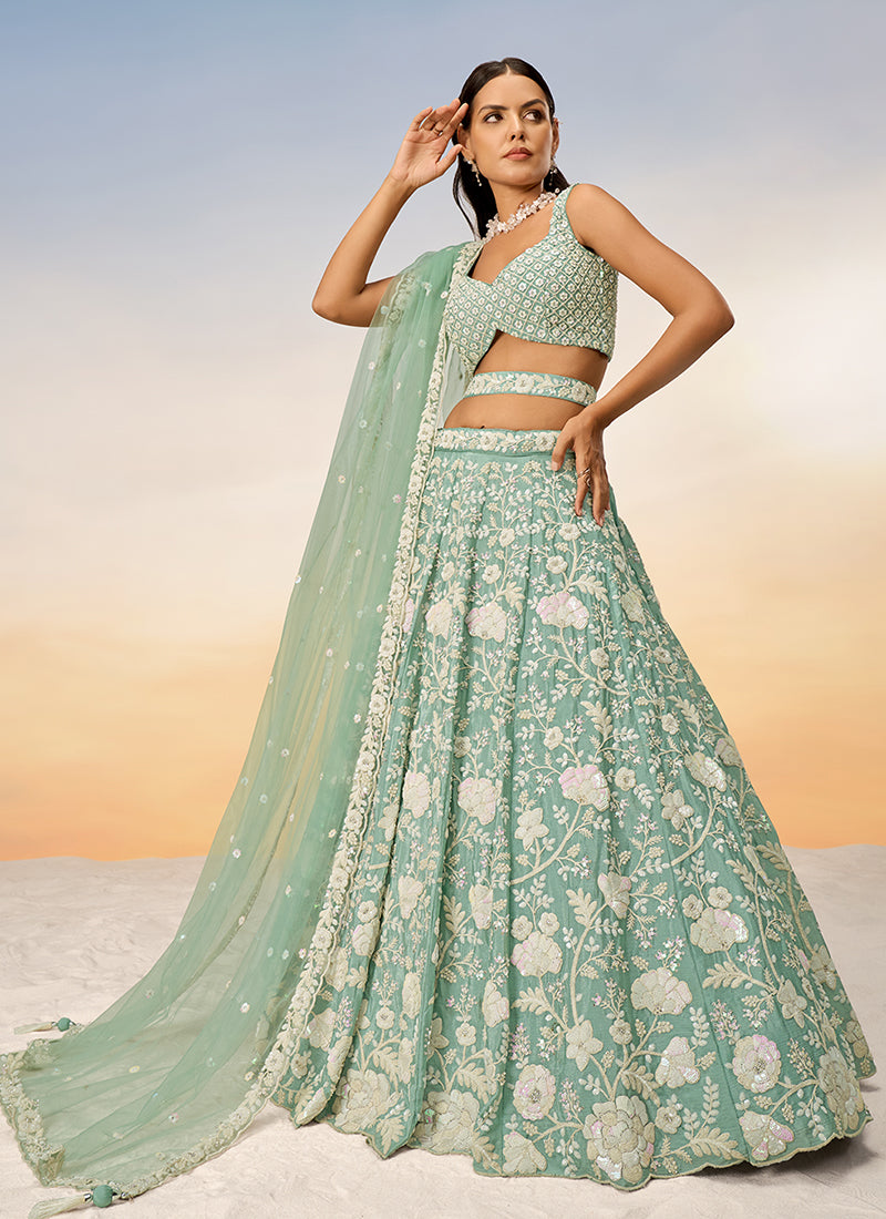 Sage Green Sequence Embroidery Bridal Lehenga Choli For Indian Wedding