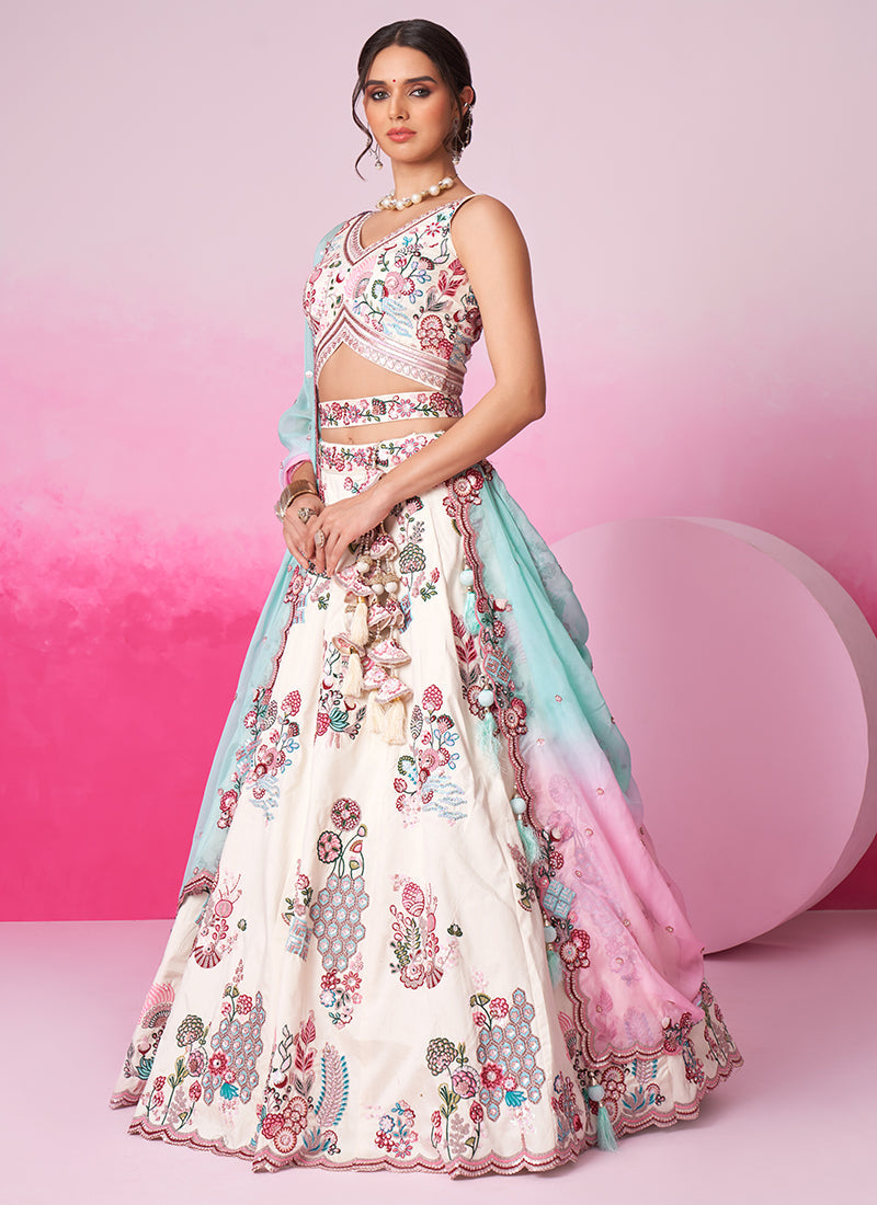 Off White And Blue Embroidery Festive Lehenga Choli