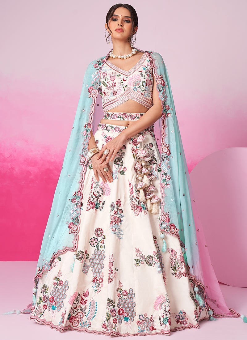 Off White And Blue Embroidery Festive Lehenga Choli