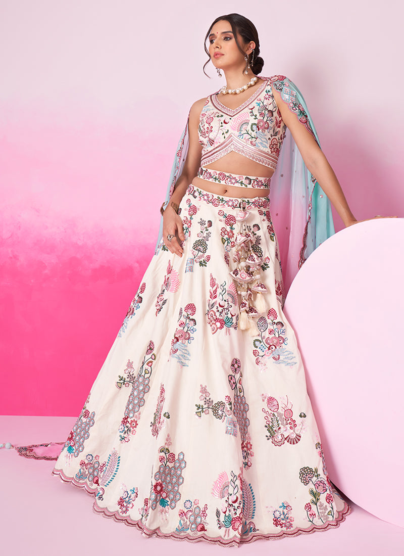 Off White And Blue Embroidery Festive Lehenga Choli