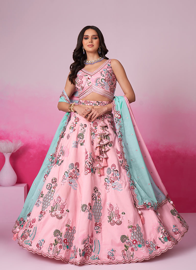 Pink And Blue Embroidery Festive Lehenga Choli