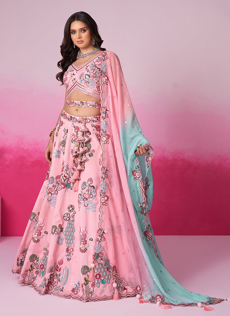 Pink And Blue Embroidery Festive Lehenga Choli