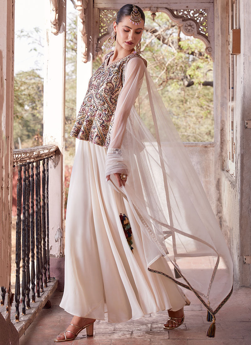 White Multicoloured Sequence Embroidery Printed Sharara Suit