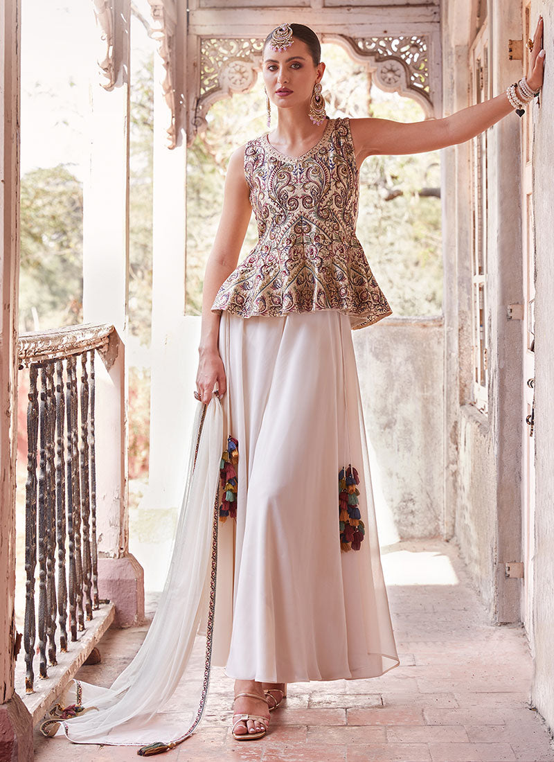 White Multicoloured Sequence Embroidery Printed Sharara Suit