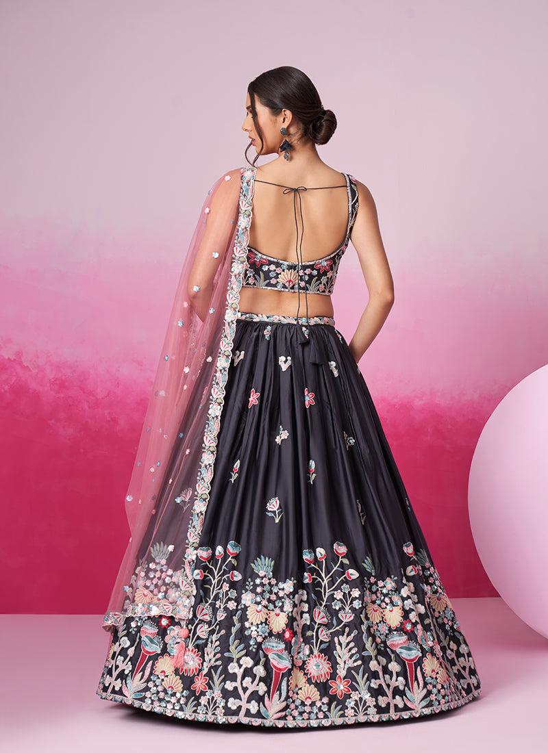 Charcoal Grey Embroidered Bridal Lehenga Choli